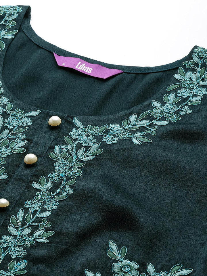 Teal Embroidered Polyester Straight Kurta Set
