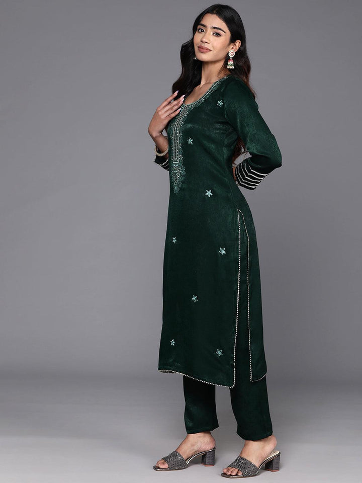 Green Embroidered Polyester Straight Kurta Set
