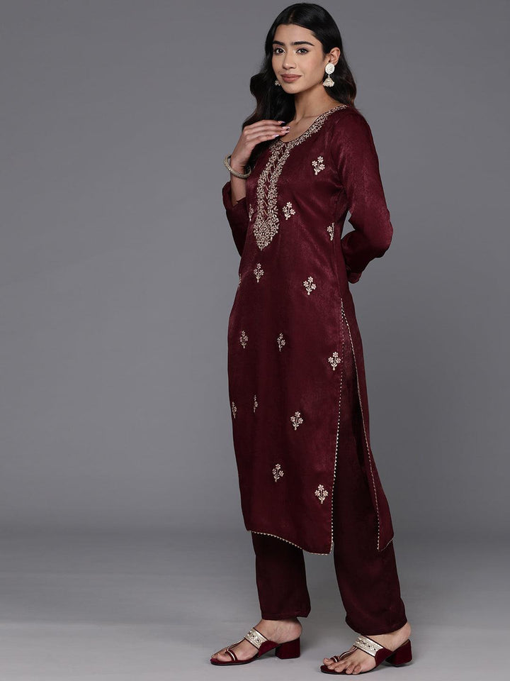 Maroon Embroidered Polyester Straight Kurta Set