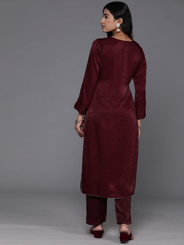 Maroon Embroidered Polyester Straight Kurta Set