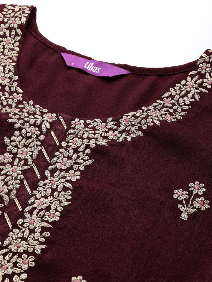 Maroon Embroidered Polyester Straight Kurta Set