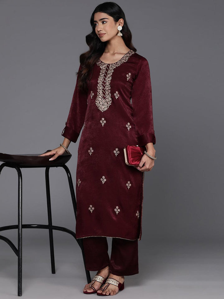 Maroon Embroidered Polyester Straight Kurta Set