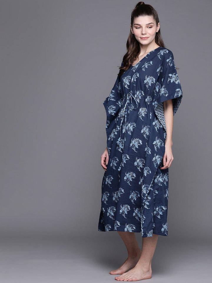 Blue Cotton Printed Kaftan Nightdress