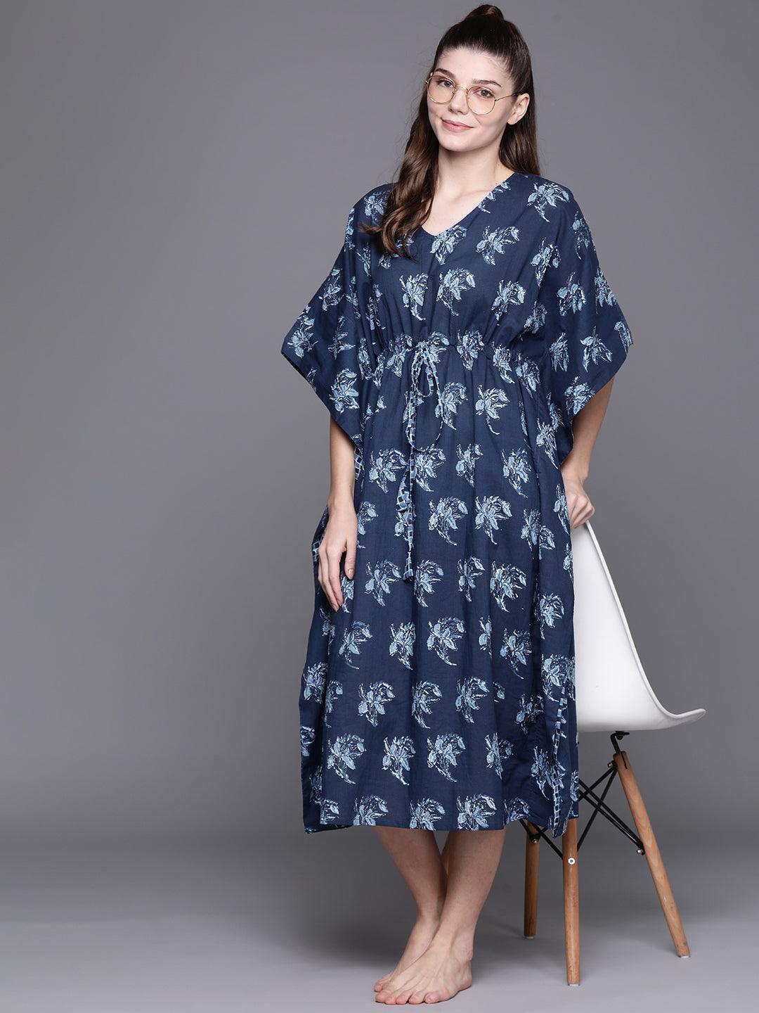 Blue Cotton Printed Kaftan Nightdress - ShopLibas