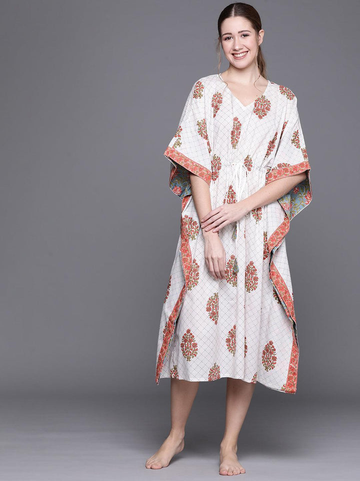 White Cotton Printed Kaftan Nightdress
