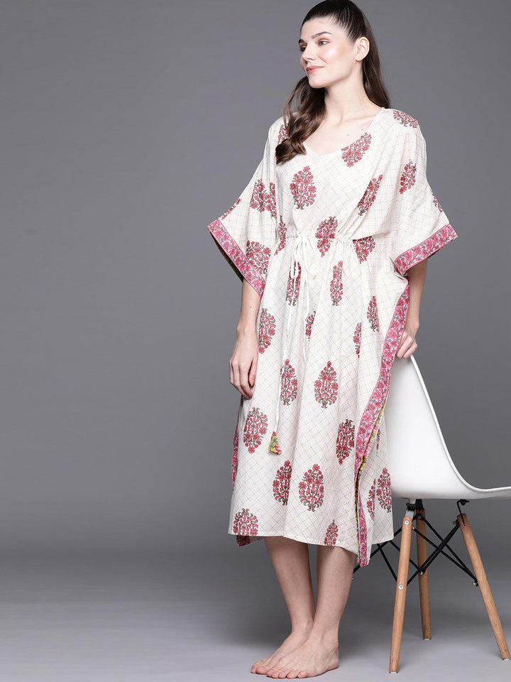 White Cotton Printed Kaftan Nightdress