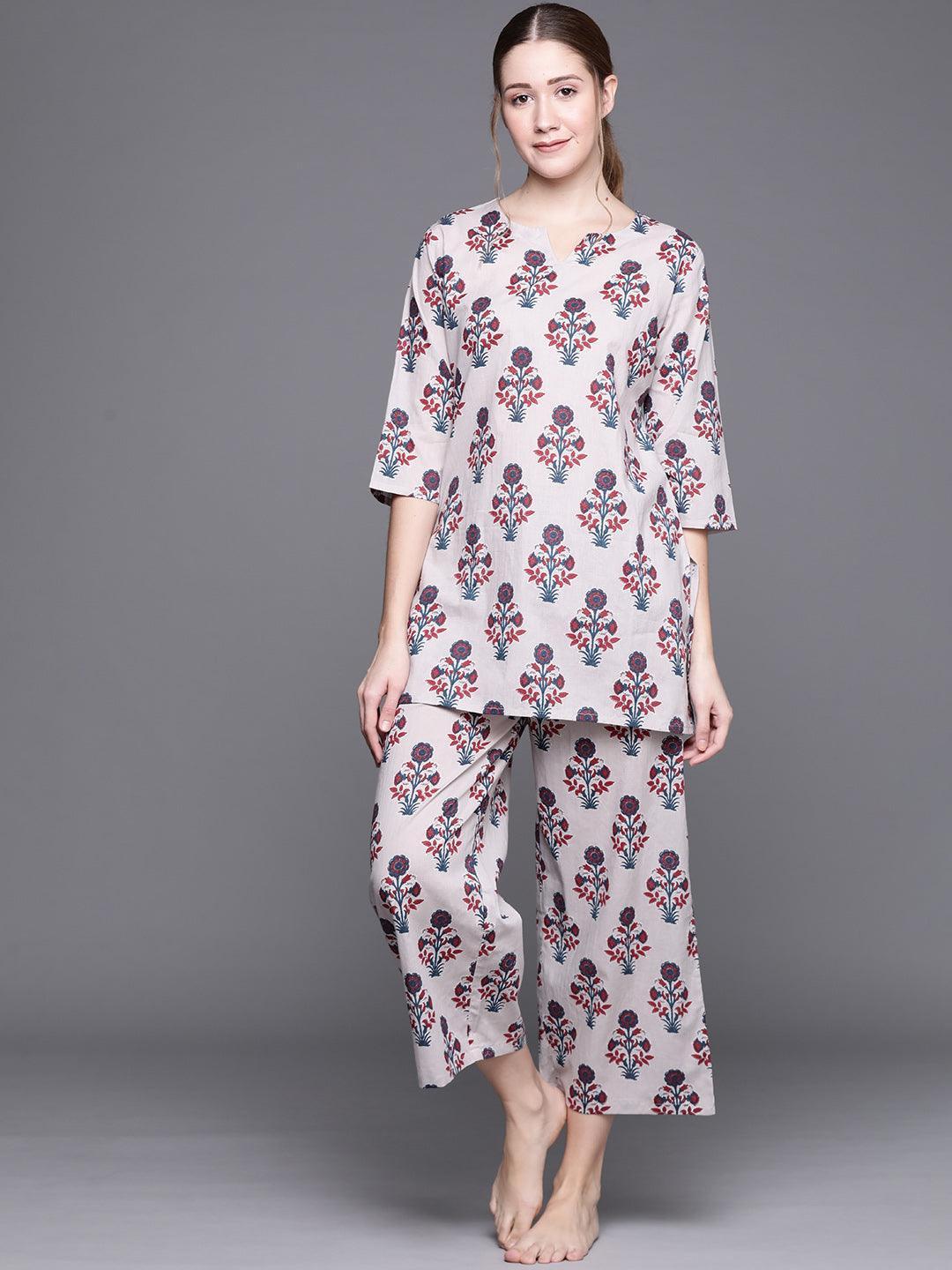 Grey Printed Cotton Night Suit - ShopLibas