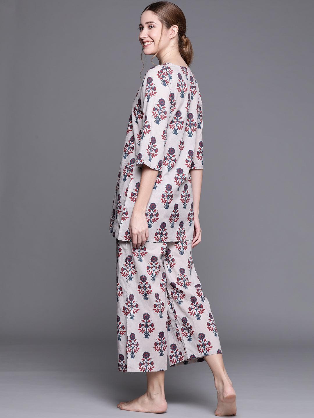 Grey Printed Cotton Night Suit - ShopLibas