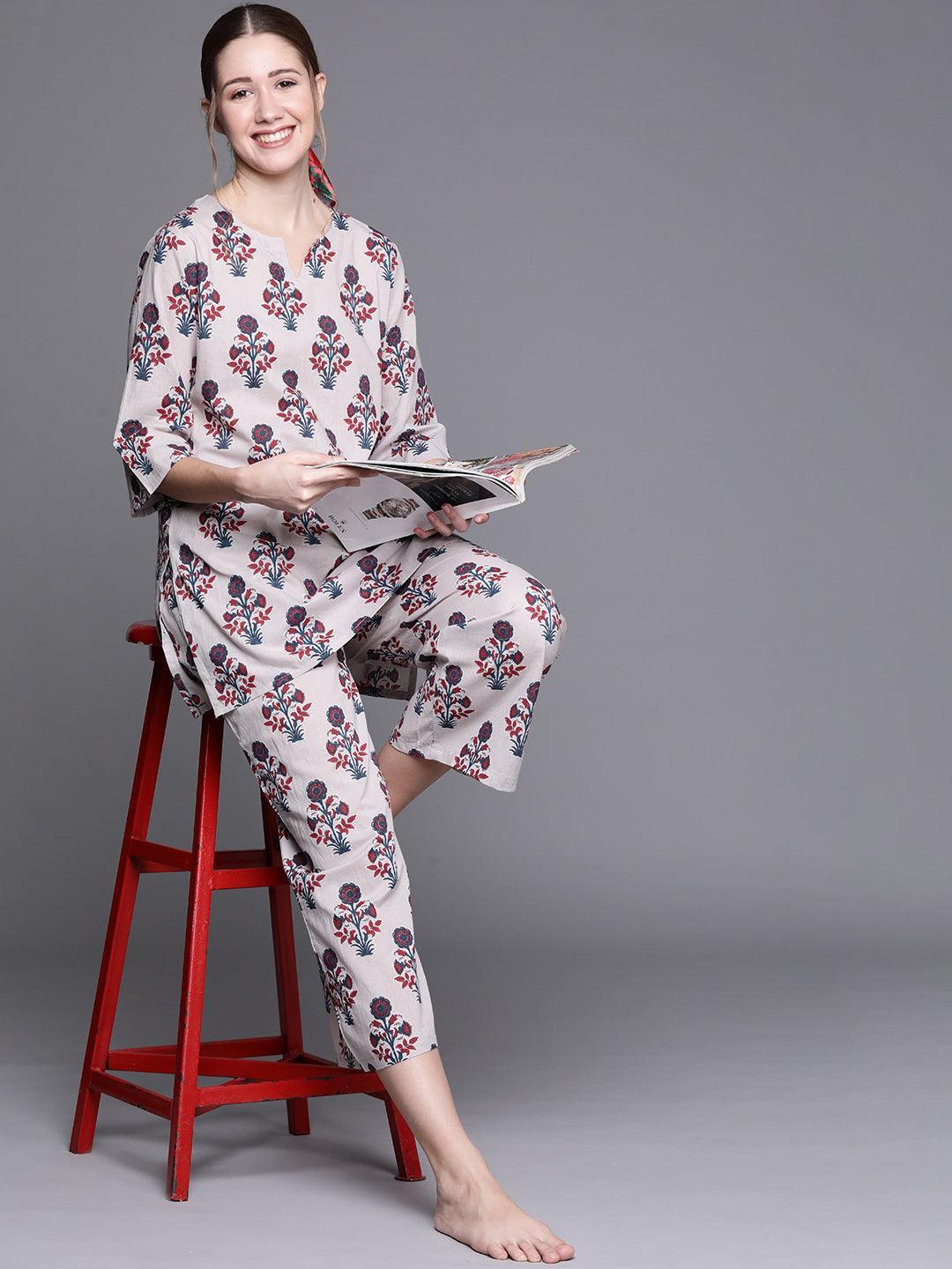 Grey Printed Cotton Night Suit - ShopLibas