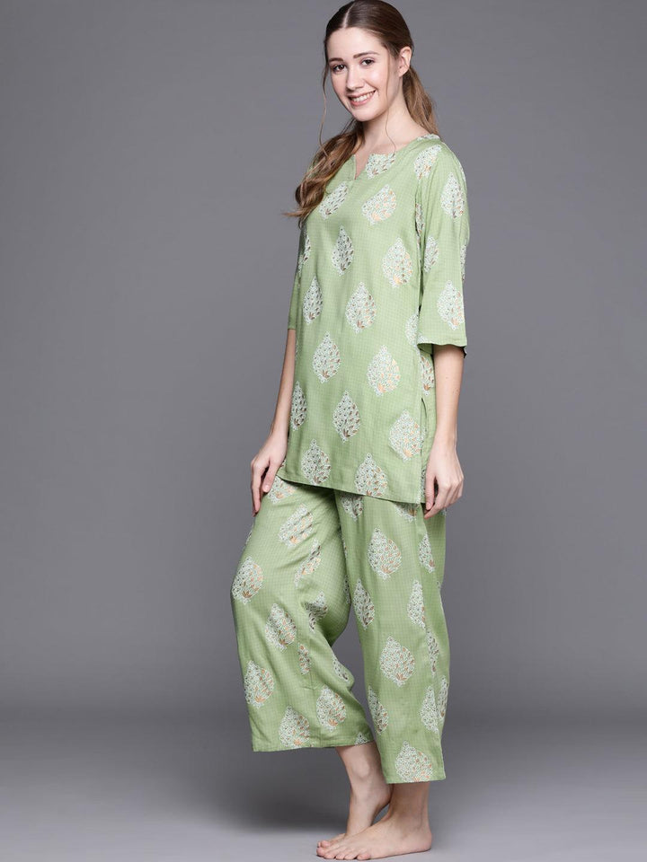 Green Printed Rayon Night Suit