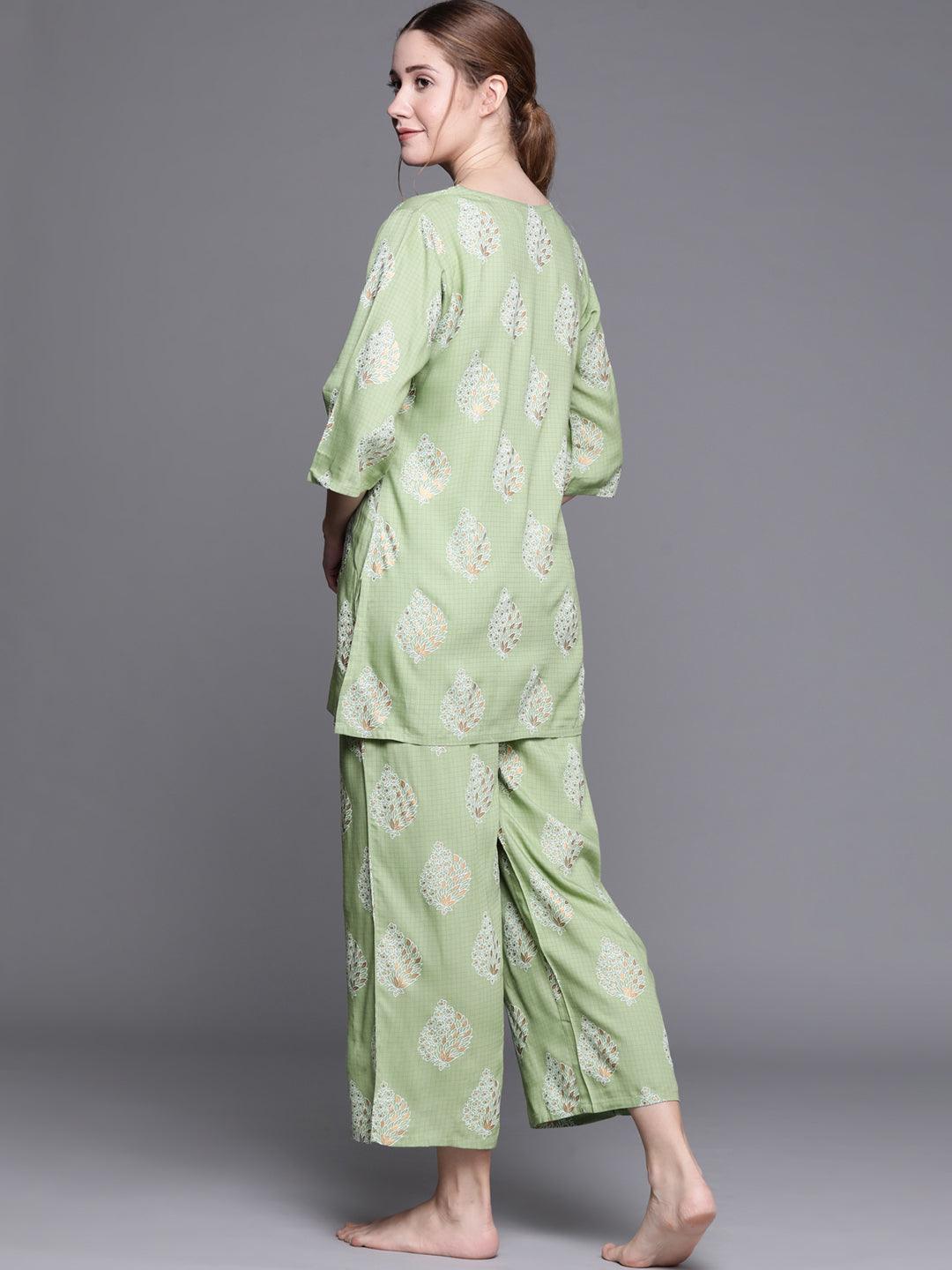 Green Printed Rayon Night Suit - ShopLibas