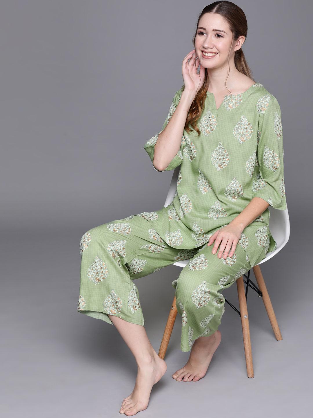 Green Printed Rayon Night Suit - ShopLibas
