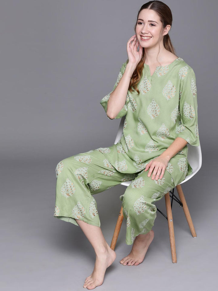 Green Printed Rayon Night Suit