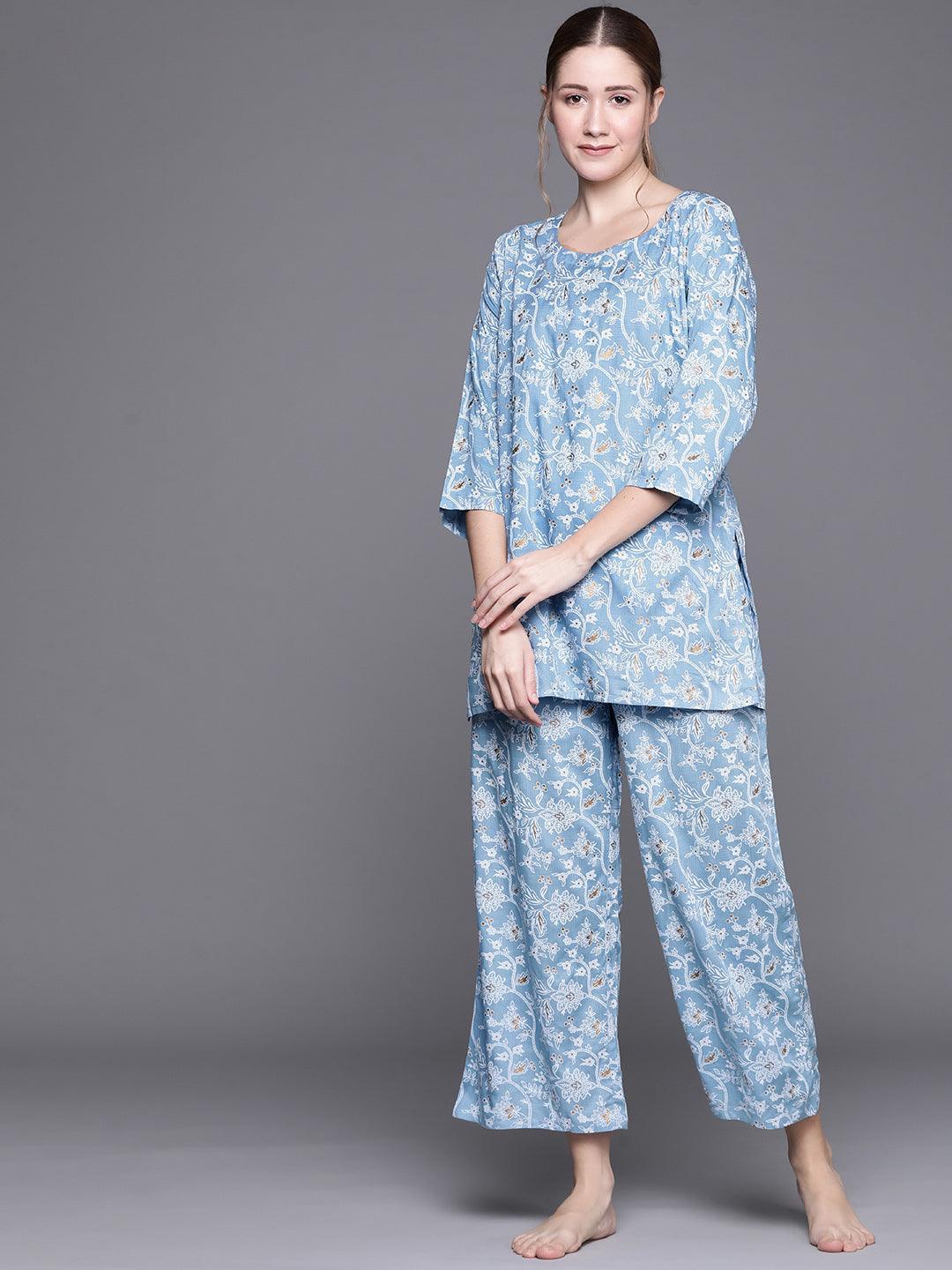 Blue Printed Rayon Night Suit - ShopLibas