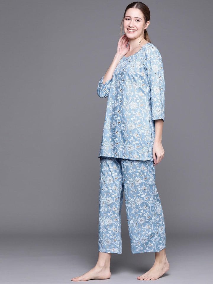 Blue Printed Rayon Night Suit