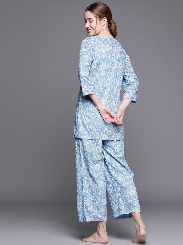 Blue Printed Rayon Night Suit