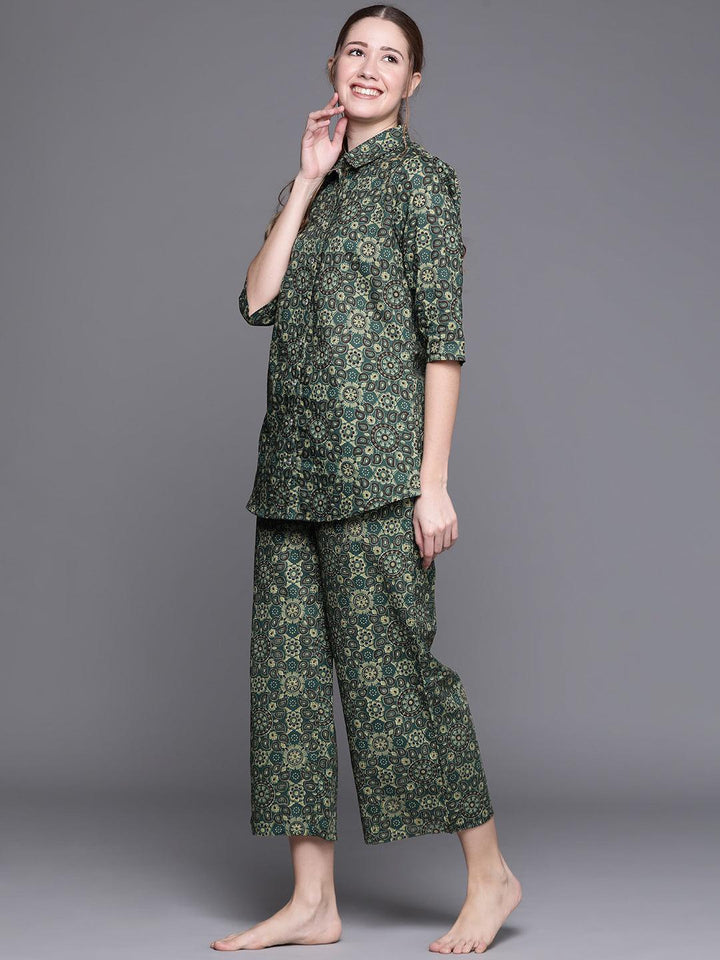 Green Printed Cotton Night Suit