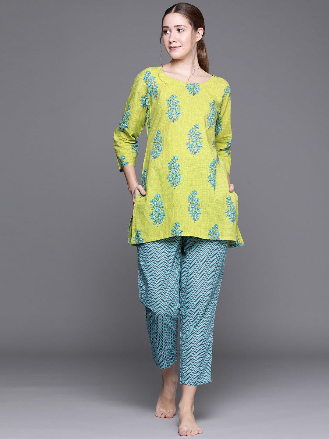Green Printed Cotton Night Suit - ShopLibas