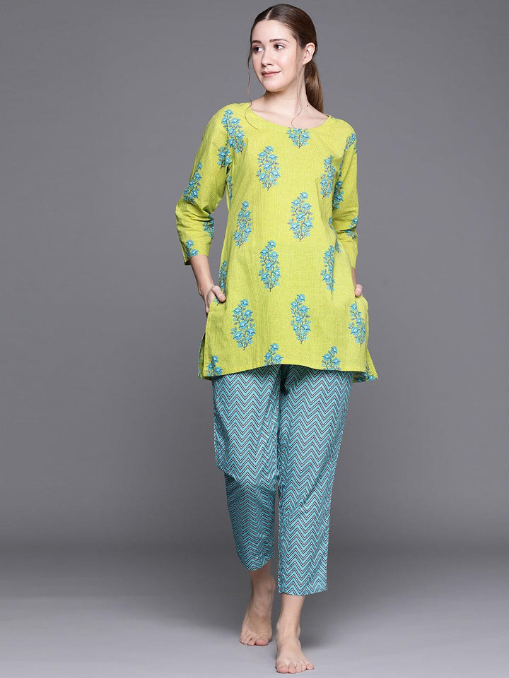Green Printed Cotton Night Suit