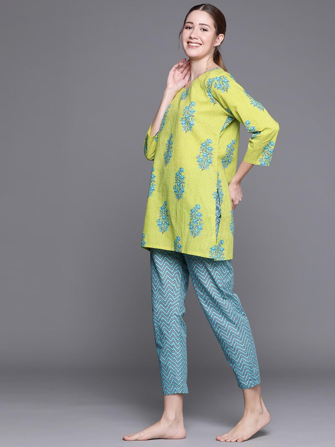 Green Printed Cotton Night Suit - ShopLibas
