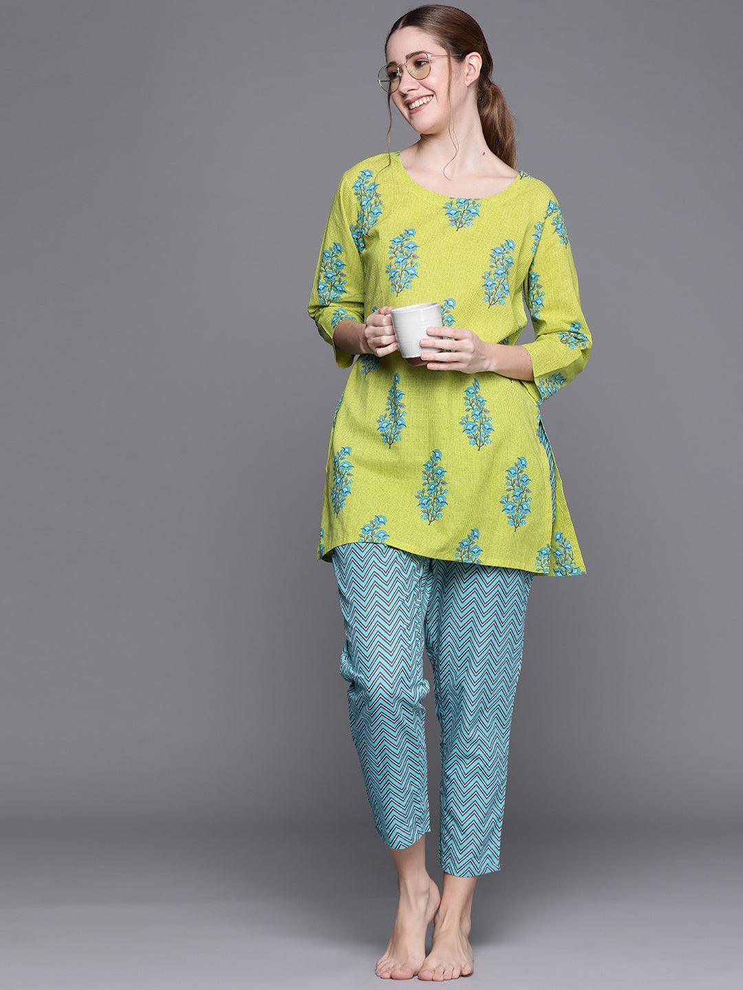 Green Printed Cotton Night Suit - ShopLibas