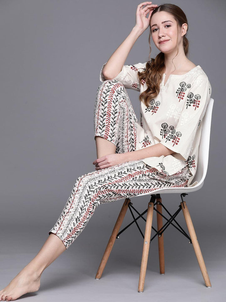 Beige Printed Cotton Night Suit
