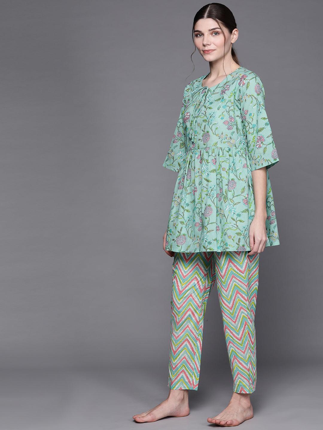 Green Printed Cotton Night Suit - ShopLibas