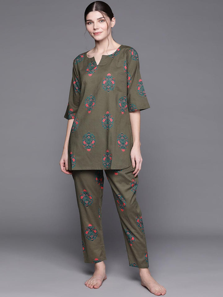 Olive Printed Cotton Night Suit