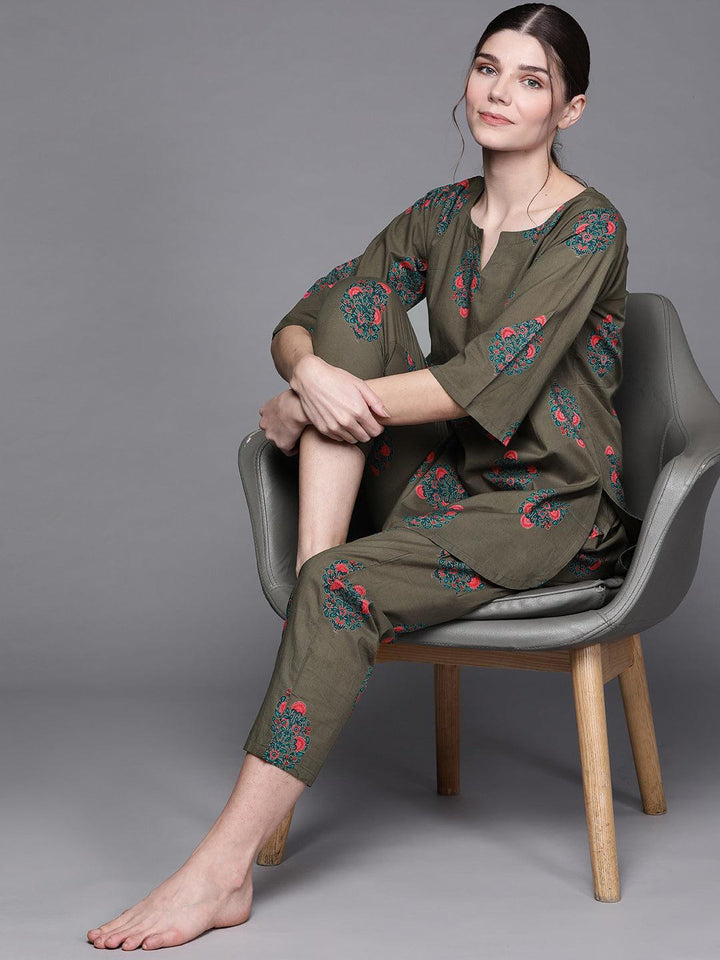 Olive Printed Cotton Night Suit