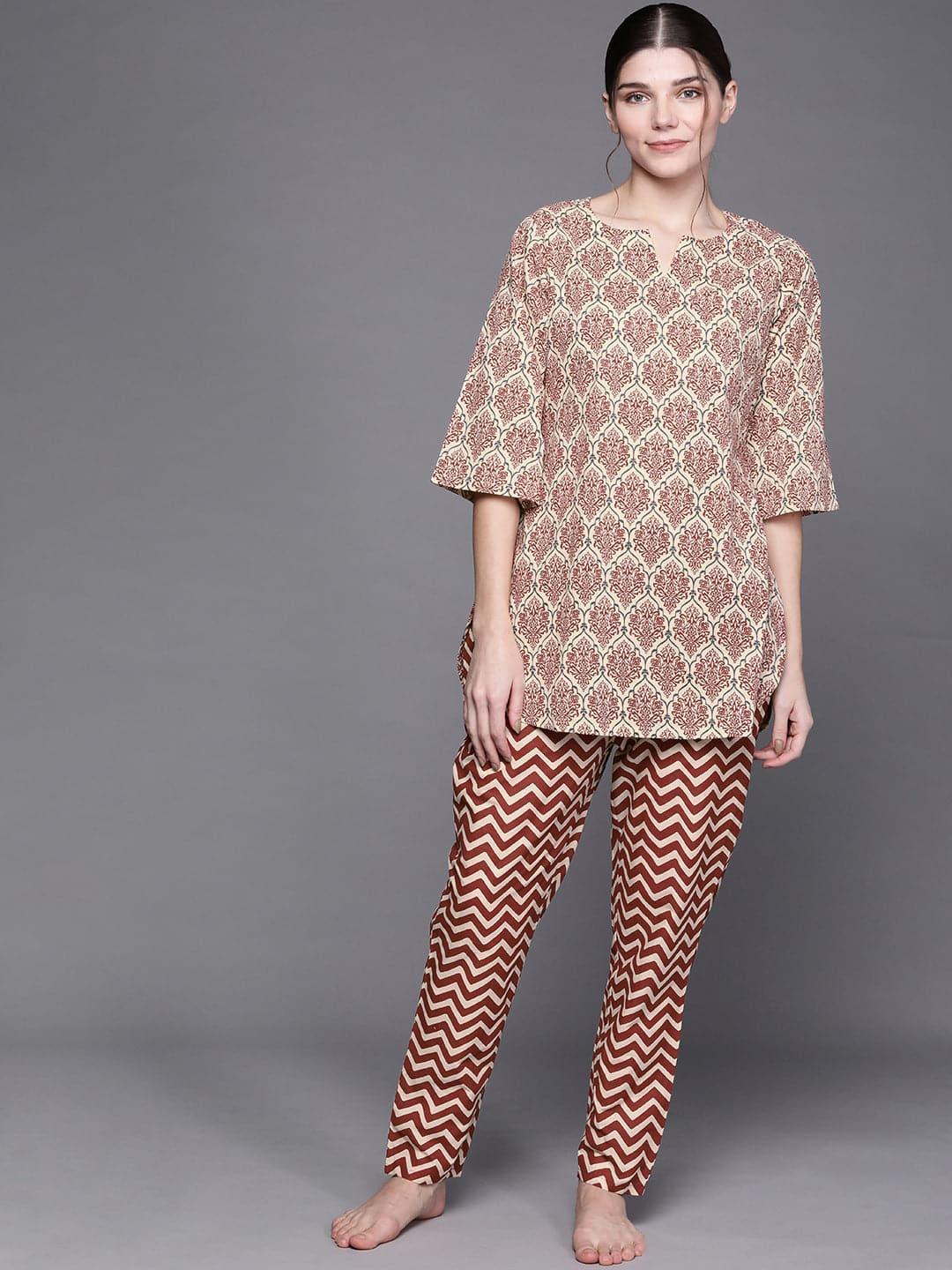 Beige Printed Cotton Night Suit - ShopLibas