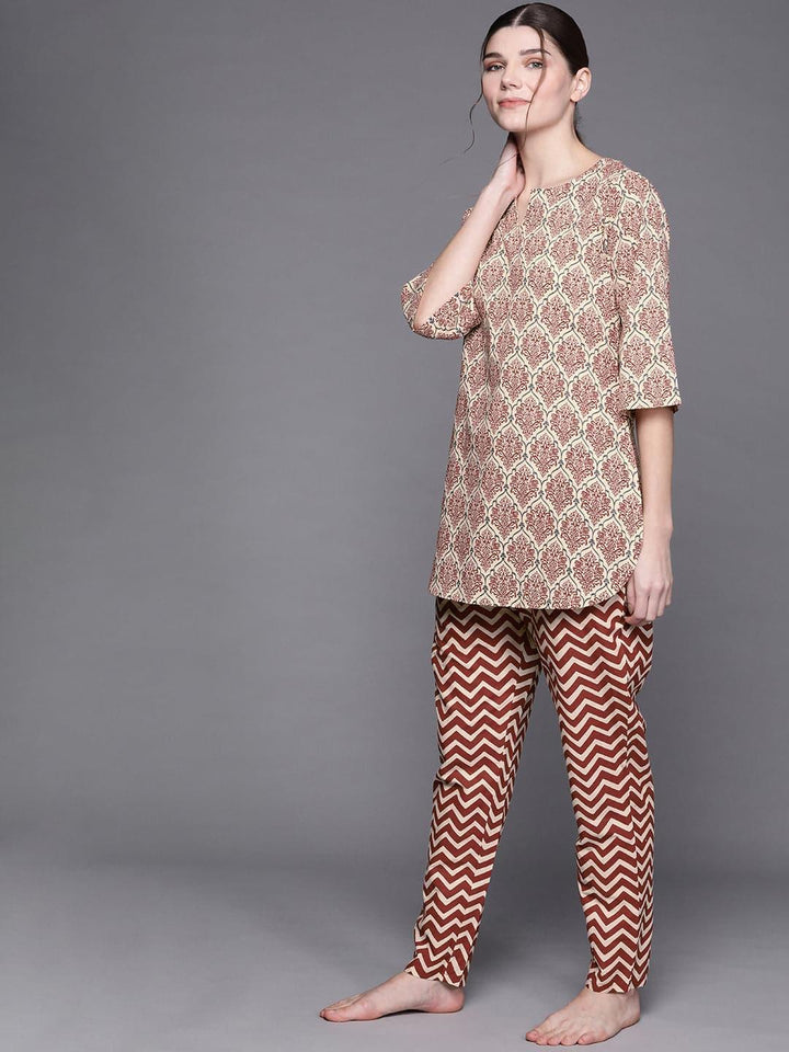Beige Printed Cotton Night Suit