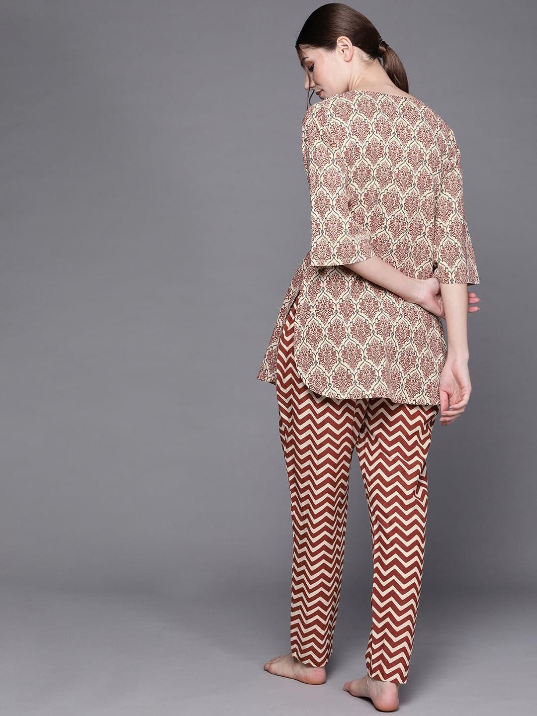 Beige Printed Cotton Night Suit - ShopLibas