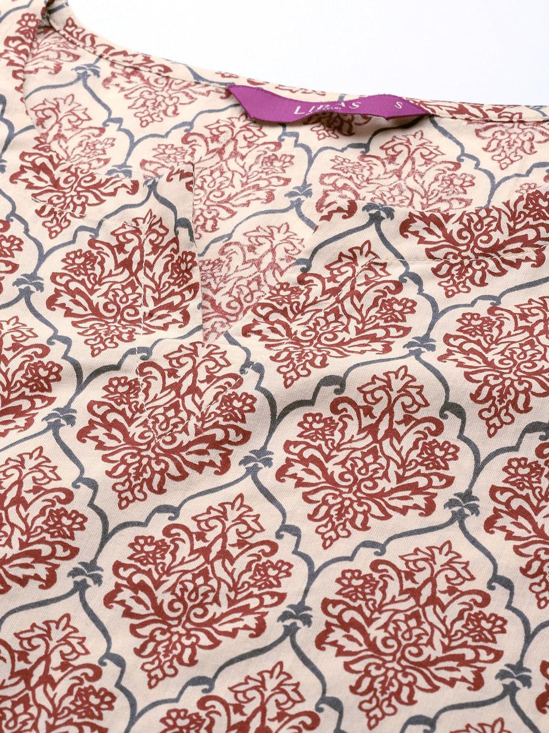 Beige Printed Cotton Night Suit - ShopLibas