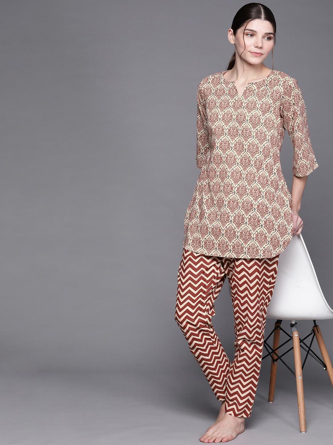 Beige Printed Cotton Night Suit - ShopLibas