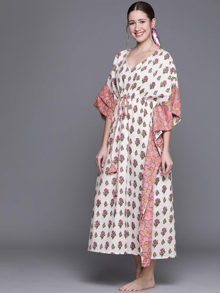 White Cotton Printed Kaftan Nightdress