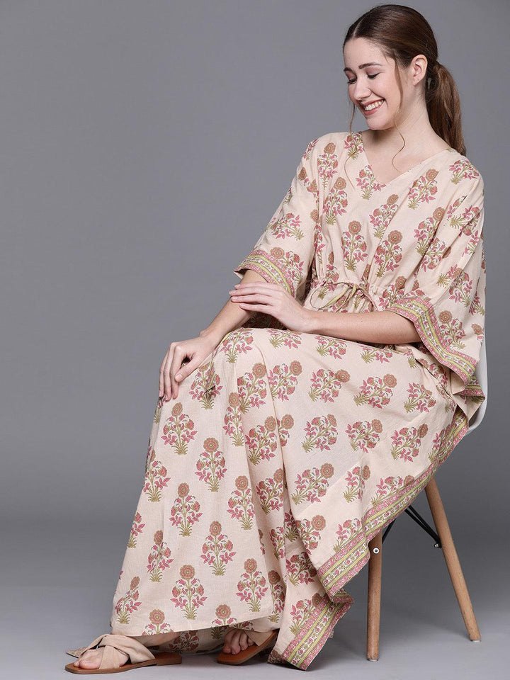 Peach Cotton Printed Kaftan Nightdress