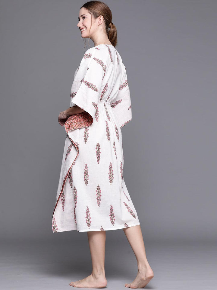 White Cotton Printed Kaftan Nightdress