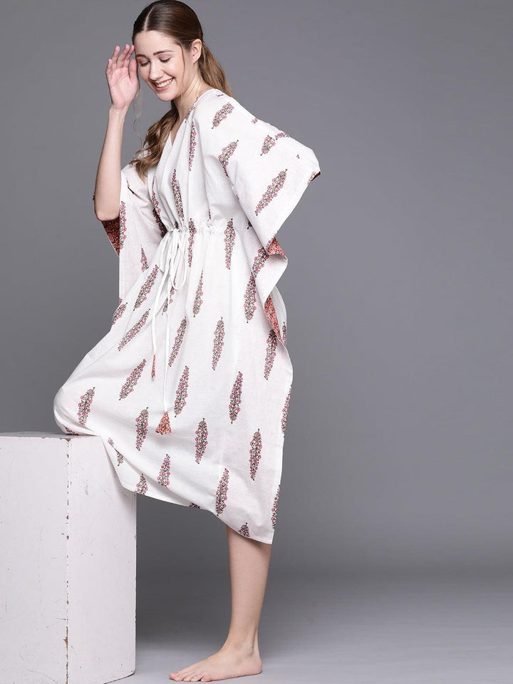 White Cotton Printed Kaftan Nightdress