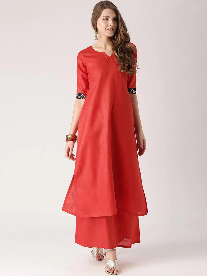Red Solid Cotton Kurta Set