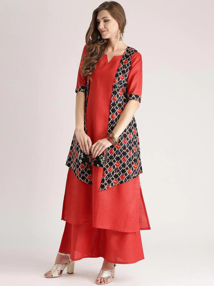 Red Solid Cotton Kurta Set