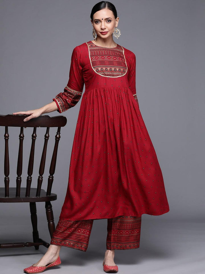 Maroon Printed Rayon Kurta