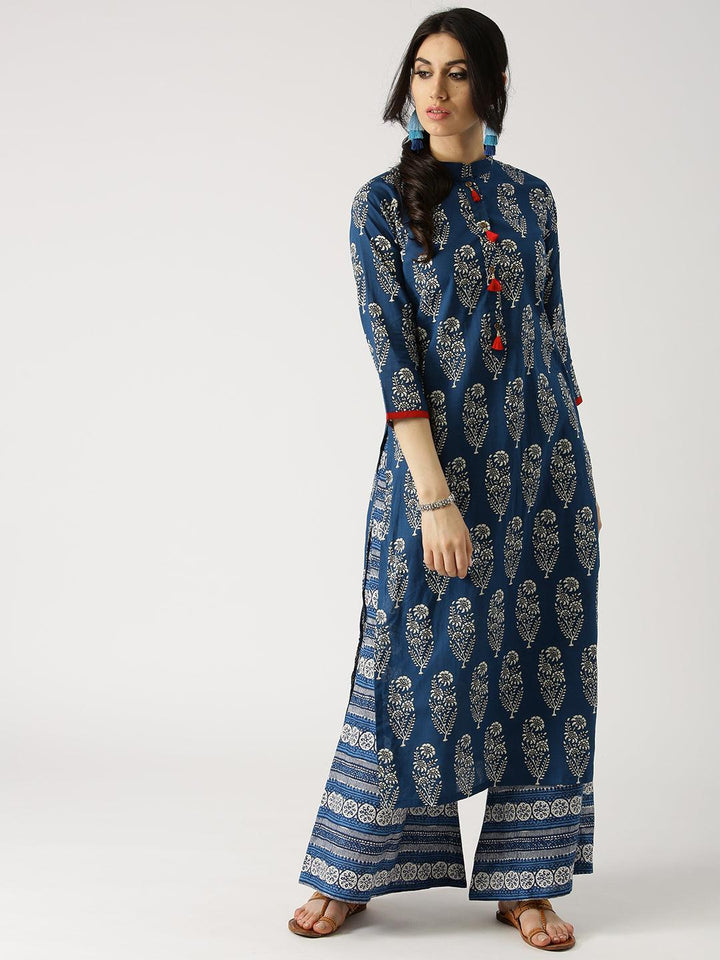 Blue Printed Cotton Kurta Set