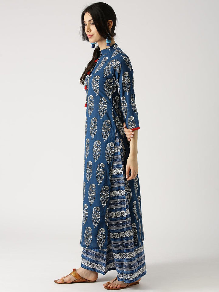 Blue Printed Cotton Kurta Set