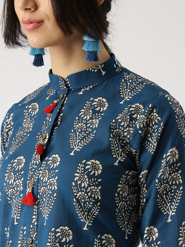Blue Printed Cotton Kurta Set