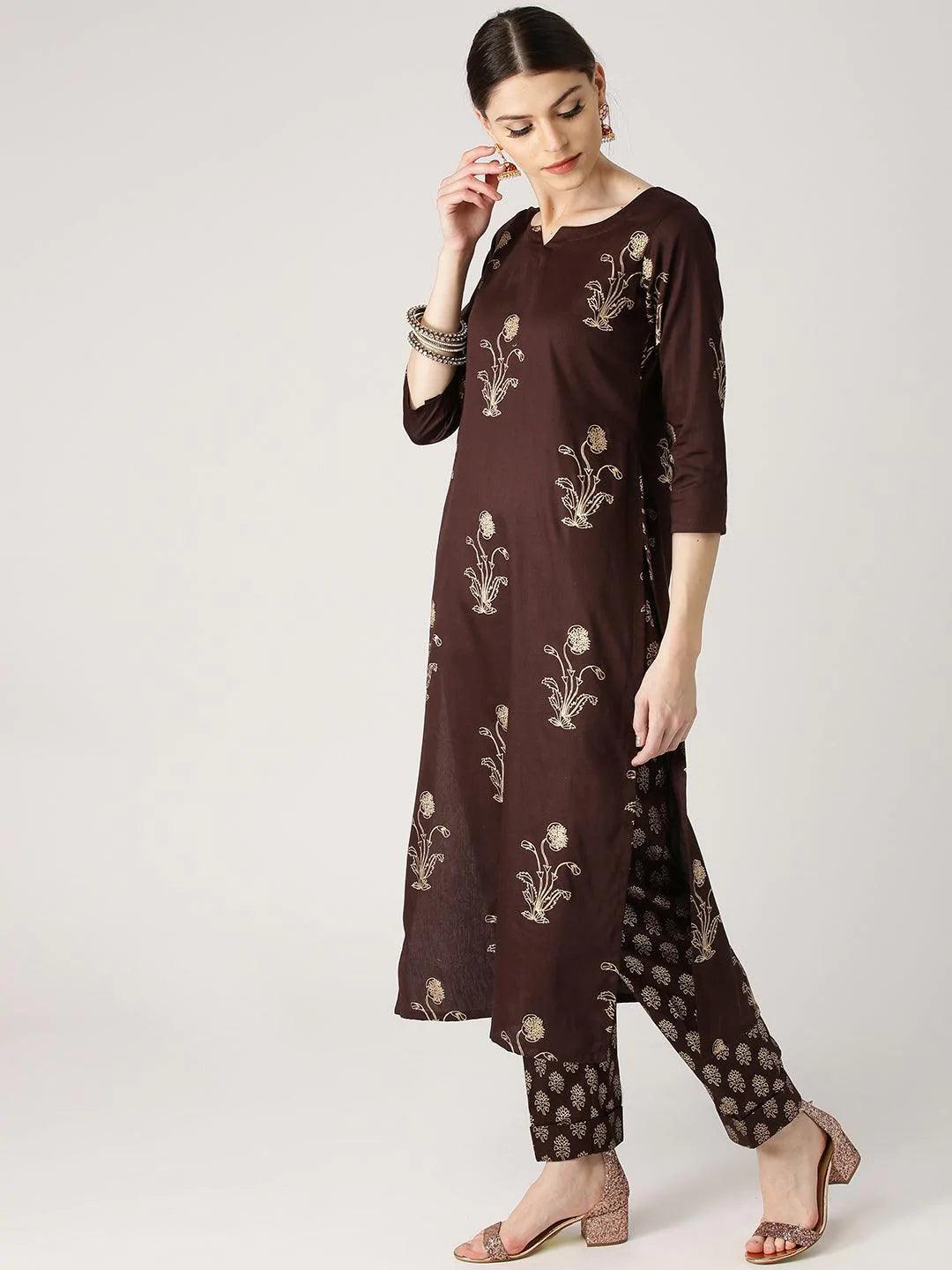 Brown Printed Cotton Kurta Set - ShopLibas