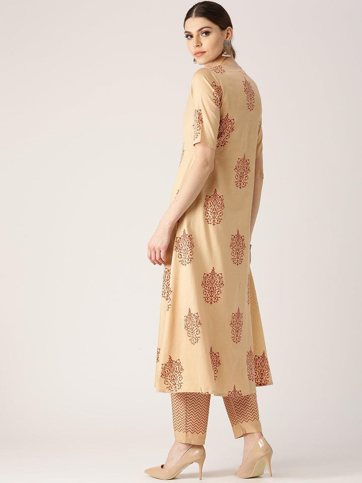 Beige Printed Cotton Kurta Set