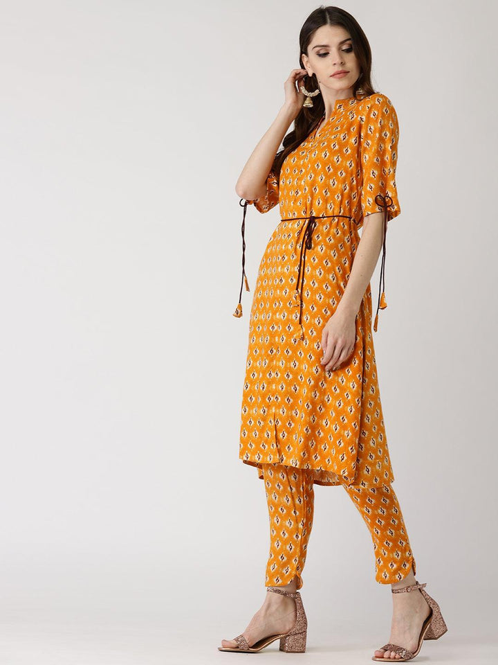 Yellow Printed Rayon Kurta Set