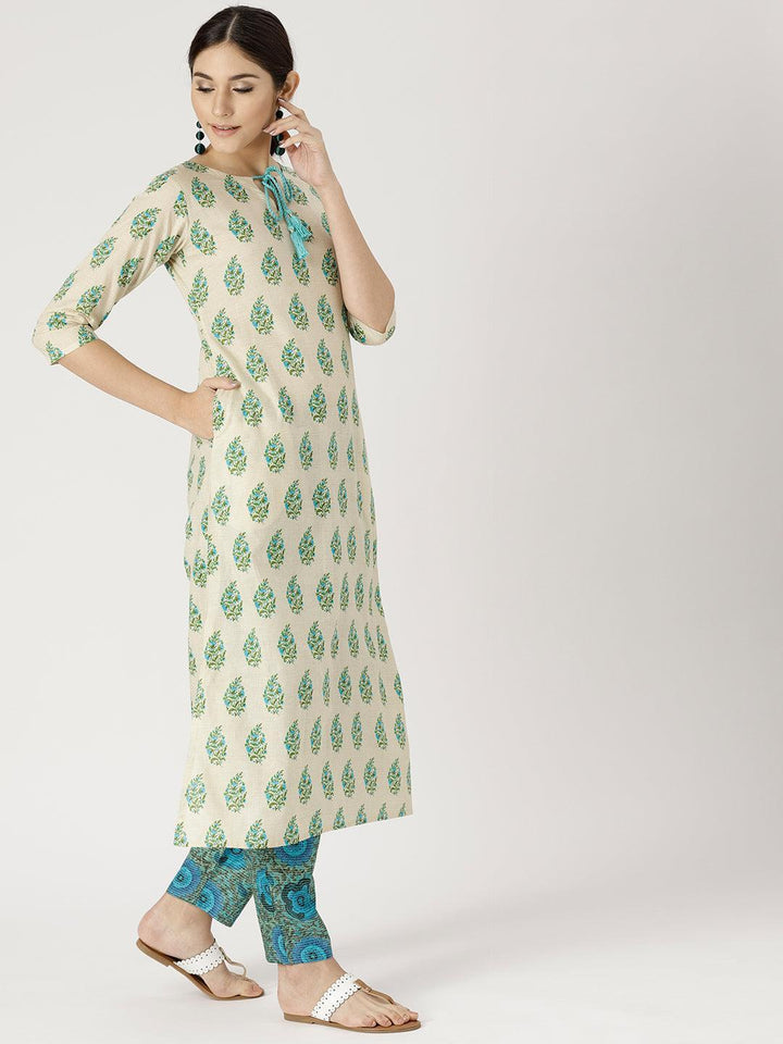 Beige Printed Cotton Kurta Set
