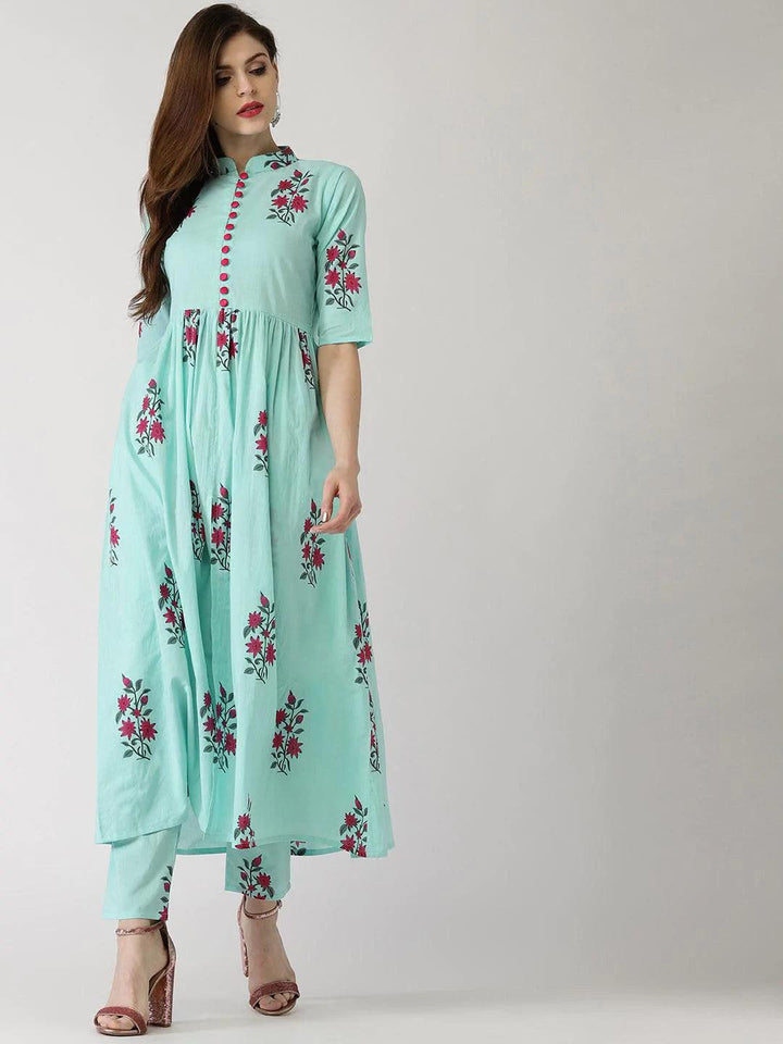 Blue Printed Cotton Kurta Set