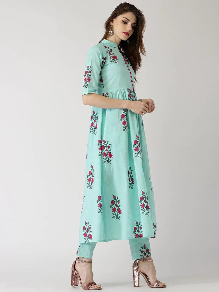 Blue Printed Cotton Kurta Set